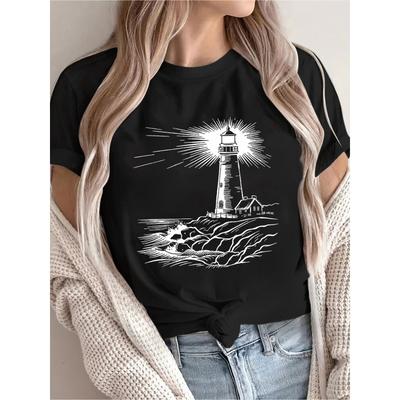 Women's Nautical Lighthouse Print T-Shirt - Safe Return To Design, Soft Loose-Fit Short Sleeve Beach Top with Lighthouse Safe Coast