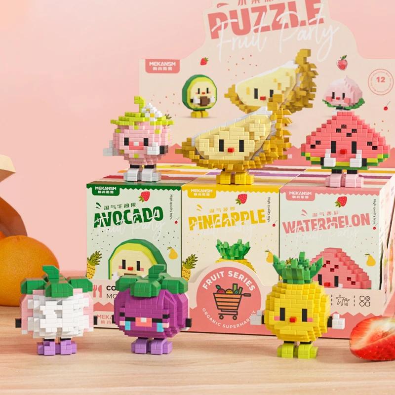 Fruit Avocado Small Construction Blocks Animation Watermelon Strawberry Orange 3D Diy Brick Model Kids Toys Game Home Decor Gift