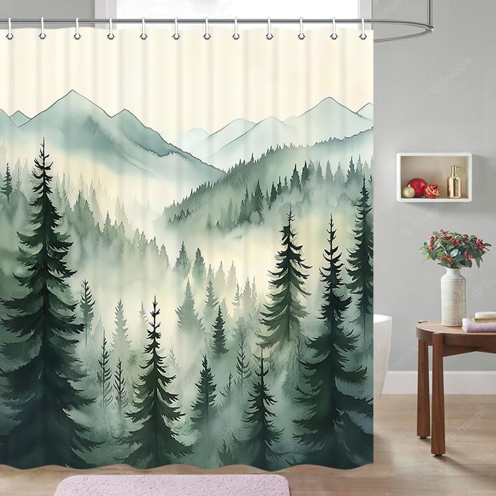 Watercolor Forest Shower Curtain Green Pine Trees Mountain Scene Misty Atmosphere Nature Design Waterproof Bath Linen Home Decor