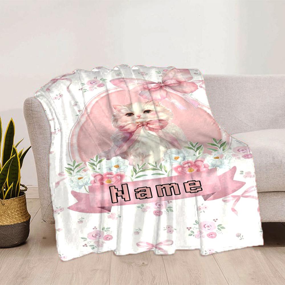 Cute Bunny With Pink Bow Home Customize Your Name Blankets Soft Cozy Lightweight Allseason Multipurpose Blanket For Picnics Sofas Offices Beds Living