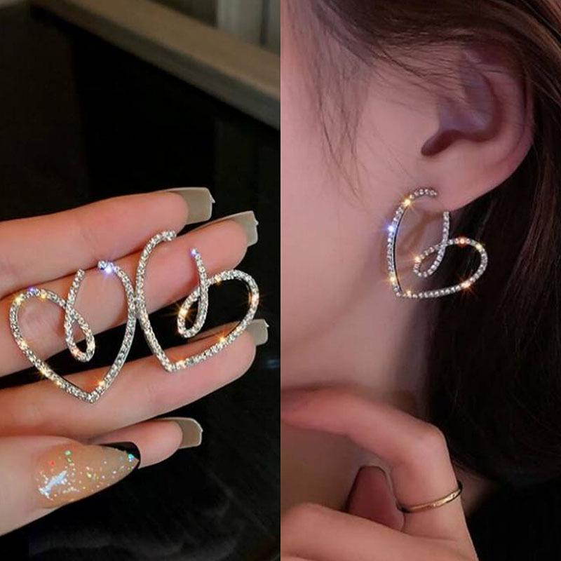 1 Pair Delicate Heart-shaped Stud Earrings, Shiny Female Zircon Hollow Design Earrings, Girlish Jewelry