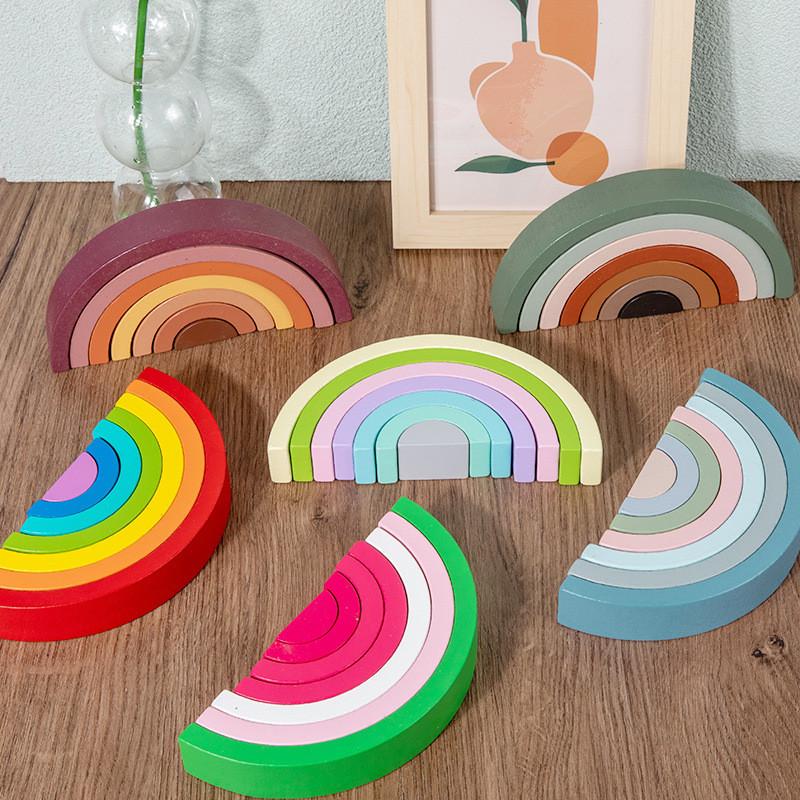 Wooden Children Rainbow Arch Building Blocks Set With Multi Color Tiles For Toddler Education
