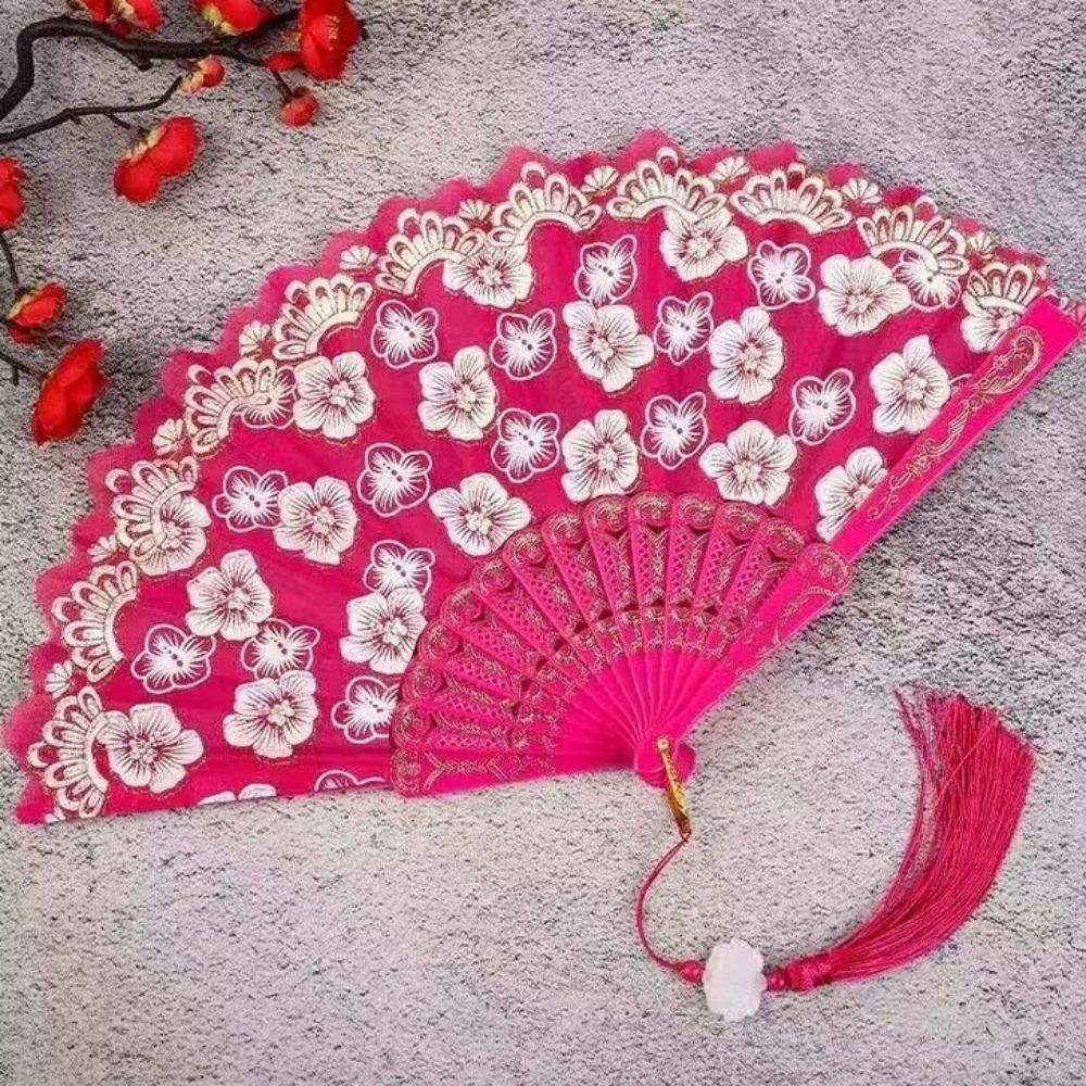 Hanfu Fan Flower Pattern Chinese Folding Fan Traditional Vintage Handheld Fan with Tassel Portable Dance Fan Gifts