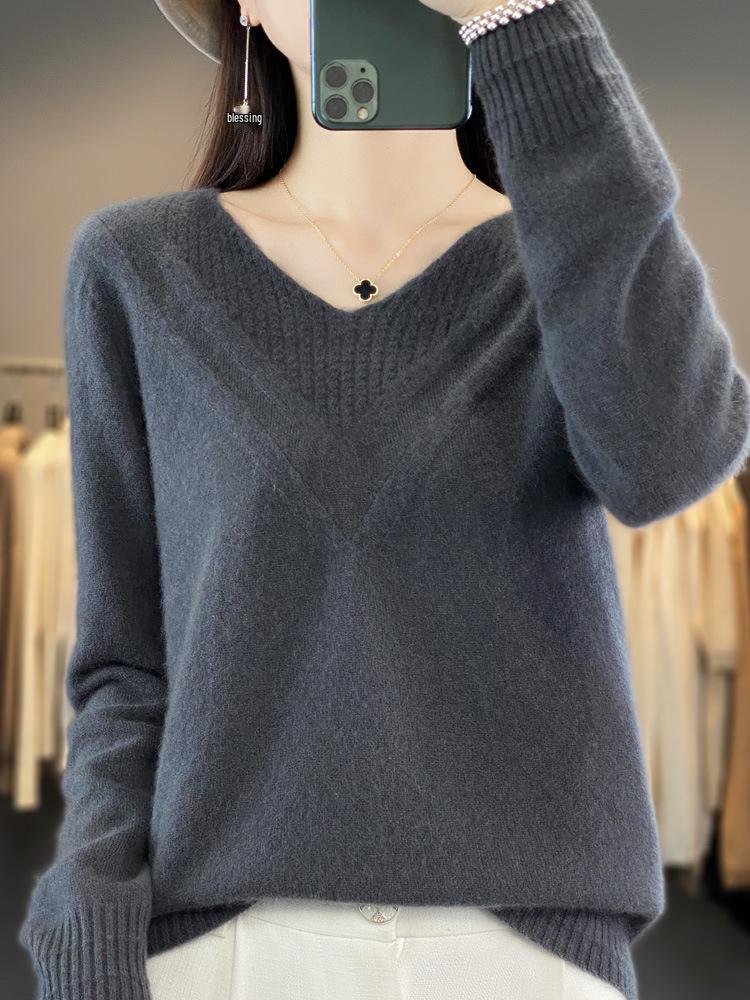 Women's Speckled Yarn Wool V-Neck Sweater - Thick, Loose-Fit, Perfect for Autumn/Winter