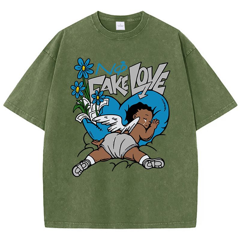 Womens Acid Wash T-Shirts Fake Love Funny Manga Prints Tees Crewneck Cotton Oversize Short Sleeve Clothes