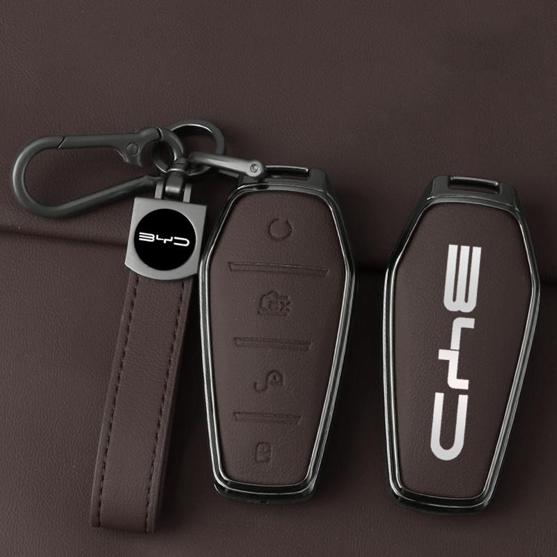 Zinc Alloy Leather Car Key Cover, For Byd Song Plus Atto 3 Han Ev Tang Dm Qin Yin Dolphin, Protected Keychain Bag, Accessories