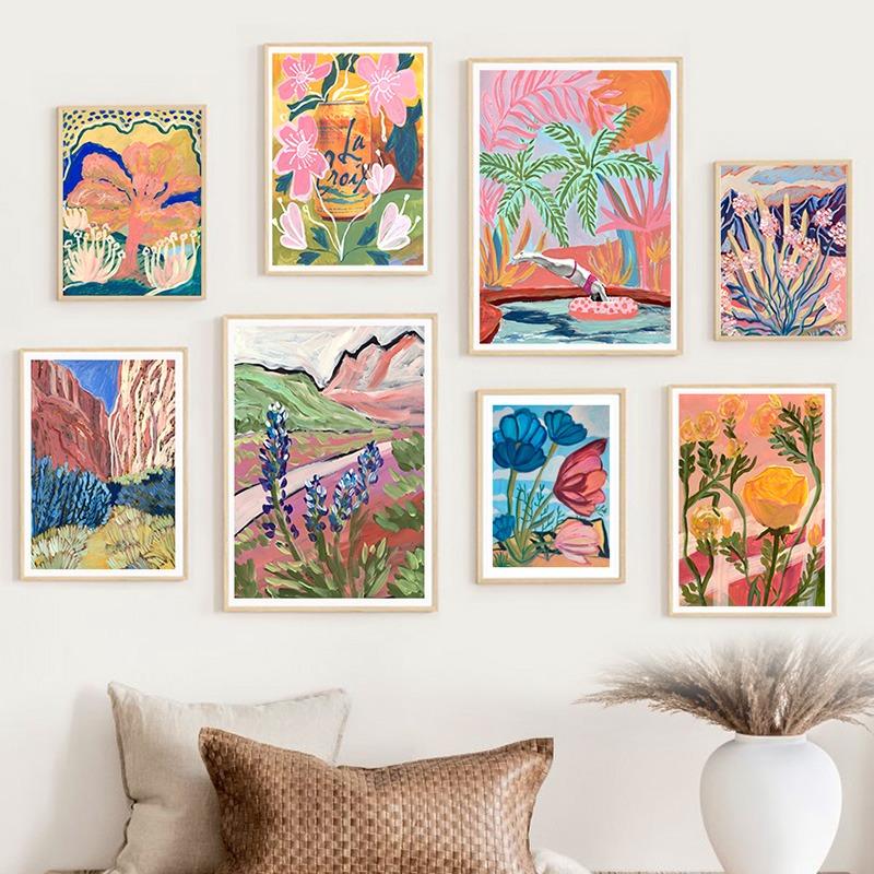 Retro Mountain Flowers Abstract Gallery Colorful Posters And Prints Wall Art Canvas Oil Painting Pictures For Living Room Decor