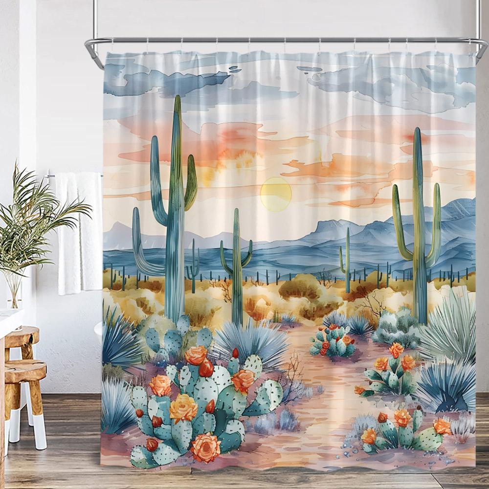 Cactus Cartoon Shower Curtain Desert Green Plant Watercolor Boho Vintage Bathtub Curtain with Hook Home Decorations for Bathroom