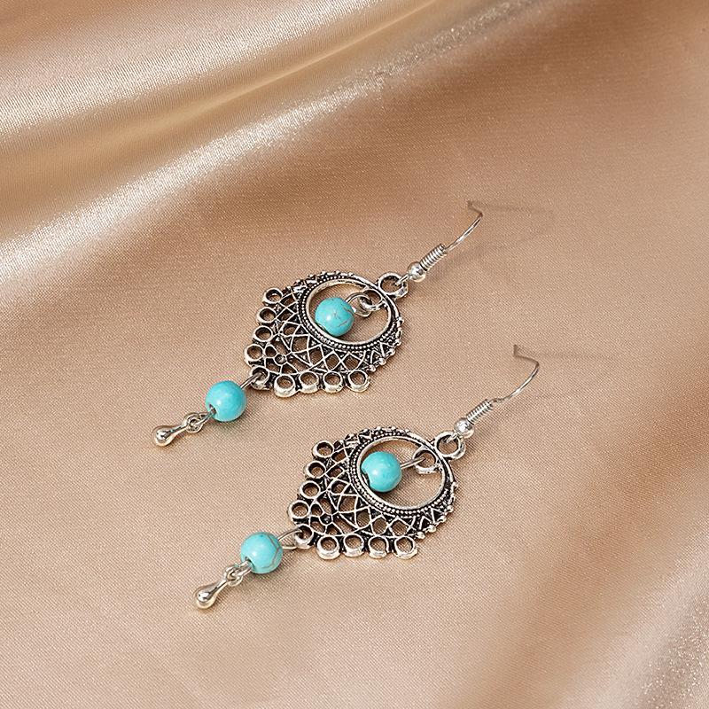Turquoise Bohemian Owl & Palm Bronze Carved Dreamcatcher Earrings for Women