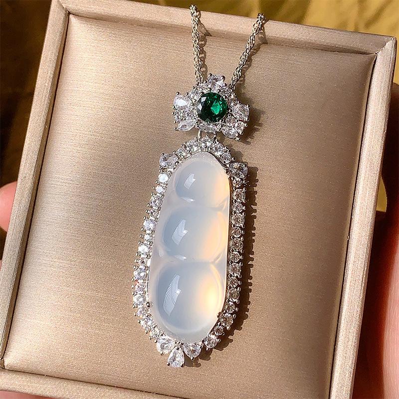 Jewelry Pendant Inlaid With White Ice Chalcedony String Beans Necklace Temperament Jade Pendant Pendant Female