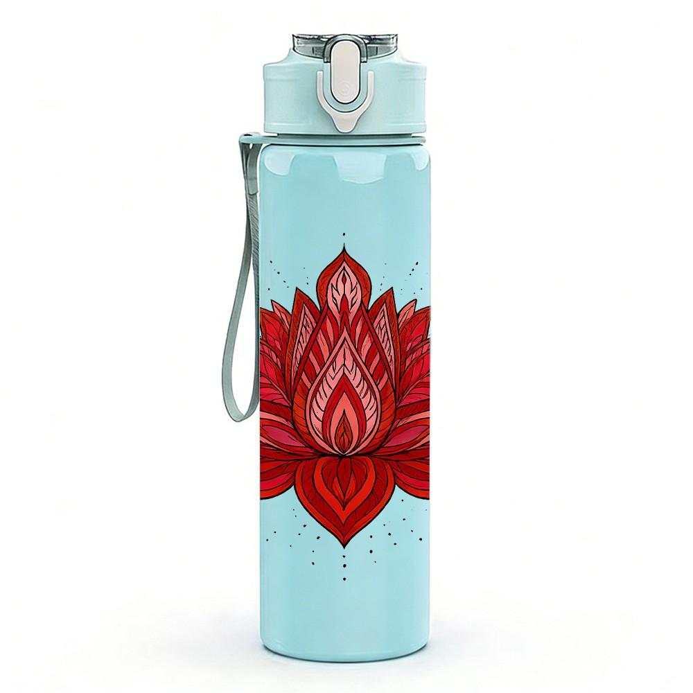 1PC Red Lotus Flower Mandala 750ml Color Plastic Sports Water Bottle Leakproof Flip Straw Lid Suitable for Sports Office Home Use