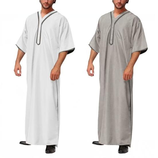Herren-Kaftan-Gewand, einfarbig, mittelärmelig, langer Thobe, V-Ausschnitt, Abaya, Gebetskleidung, Ihram-Gewand für den Sommer und den Alltag