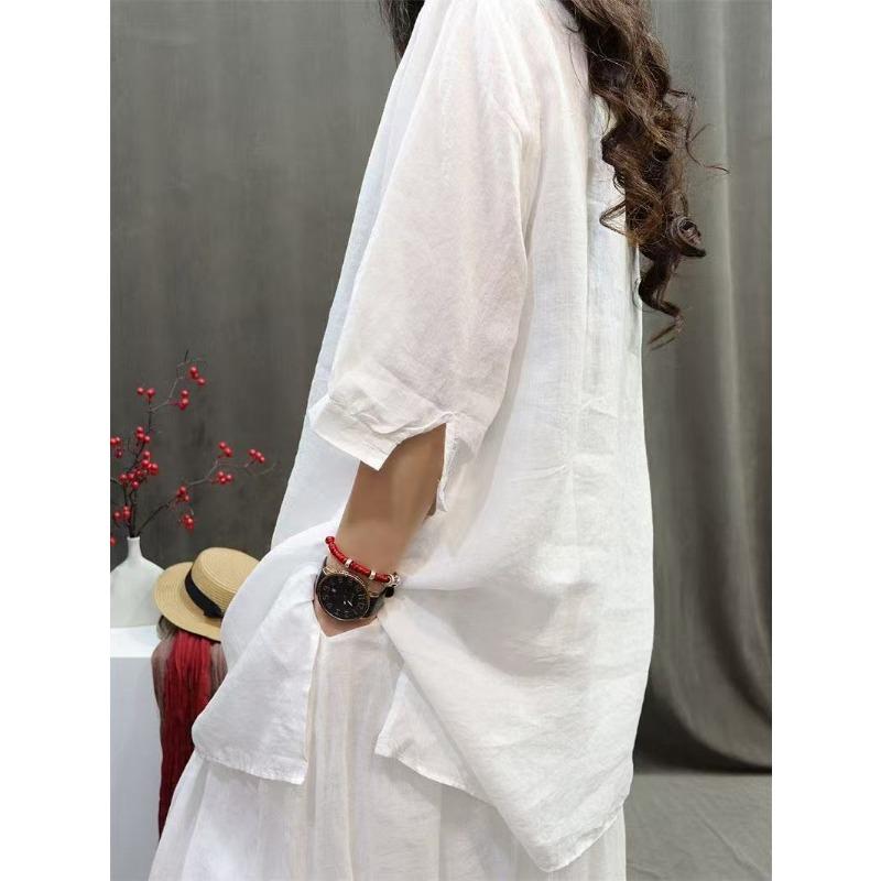 Summer Heavy-duty Retro Embroidered Shirt Mid-length Loose Cotton and Linen Style Shirt Casual Literary Pullover Top