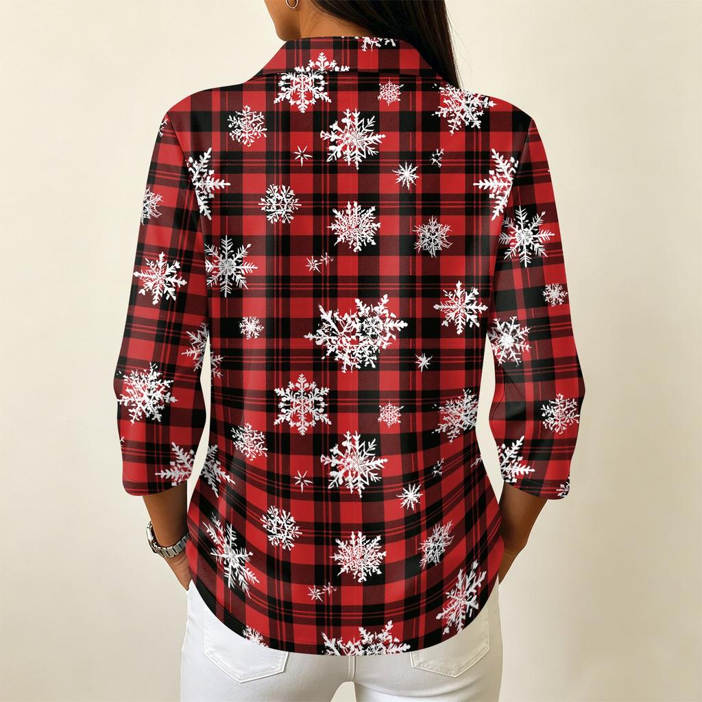 Women's Casual 3/4 Sleeve Button Down Collared Shirt with Christmas Print