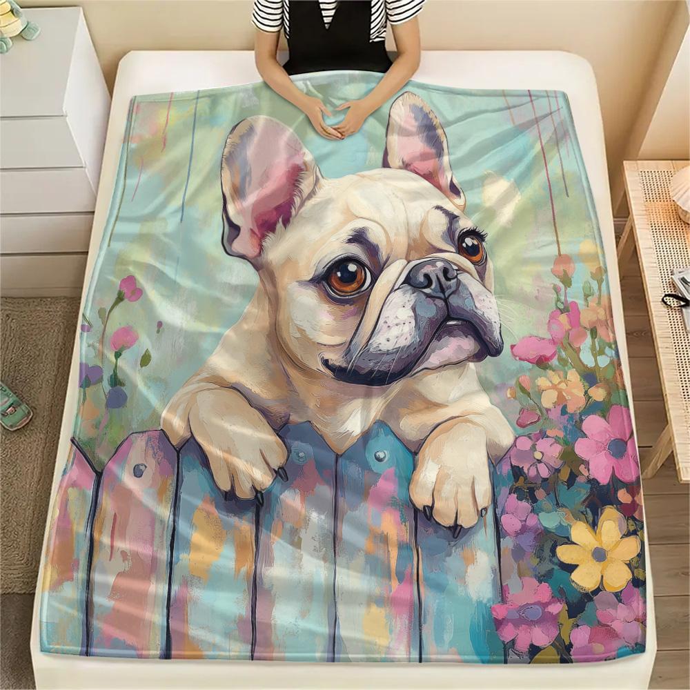 Flower Fence Dogs Print Flannel Blanket, High Quality Comfortable for All Seasons, Home Decor, Warmth and Comfort