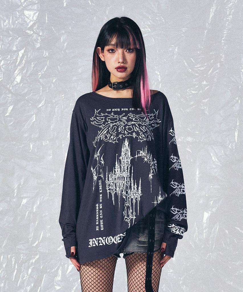 SCHISM INDUCING Emo Off Shoulder Ls Tee Charcoal
