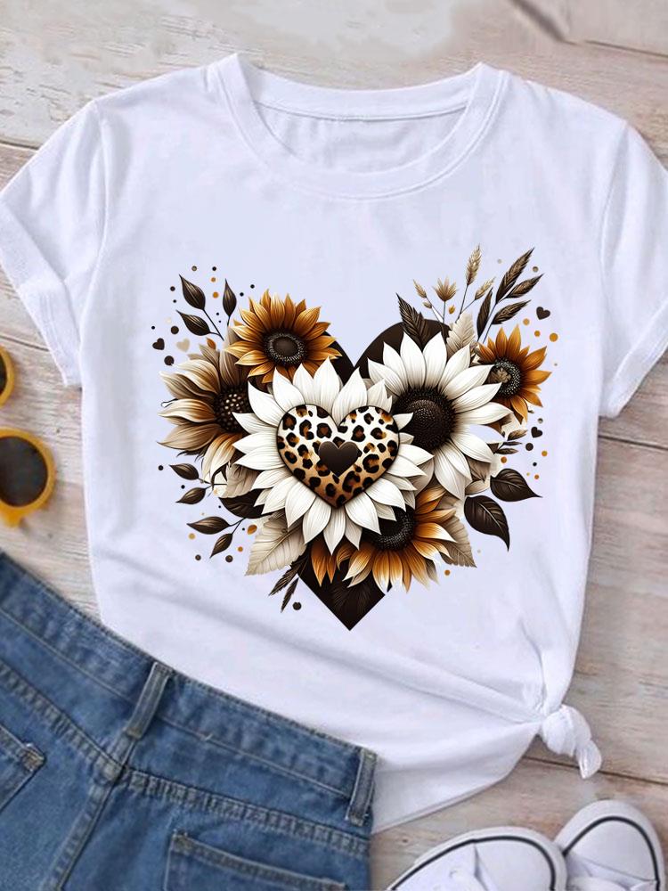 (Tamanho asiático) T-shirt casual de tendência de flor aquarela com gola o Roupa Top Manga Curta Camiseta Estampa da Moda Senhora Feminina Mulheres Camisetas Gráficas