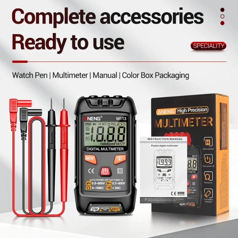 2026 ANENG M113 Mini Intelligent Digital Multimetro 1999 Counts AC DC Volt Resistance NCV Portable Electric Test Tool High Precision Digital Display