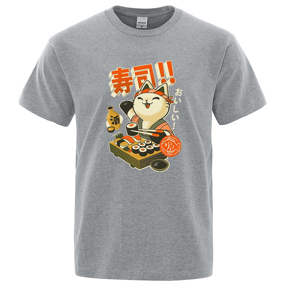 Japonsko Sushi Šéfkuchař Kočka Kreslené Filmy Pánské Tričko Oversized Volné Oblečení Street Bavlna Trička Módní Trička