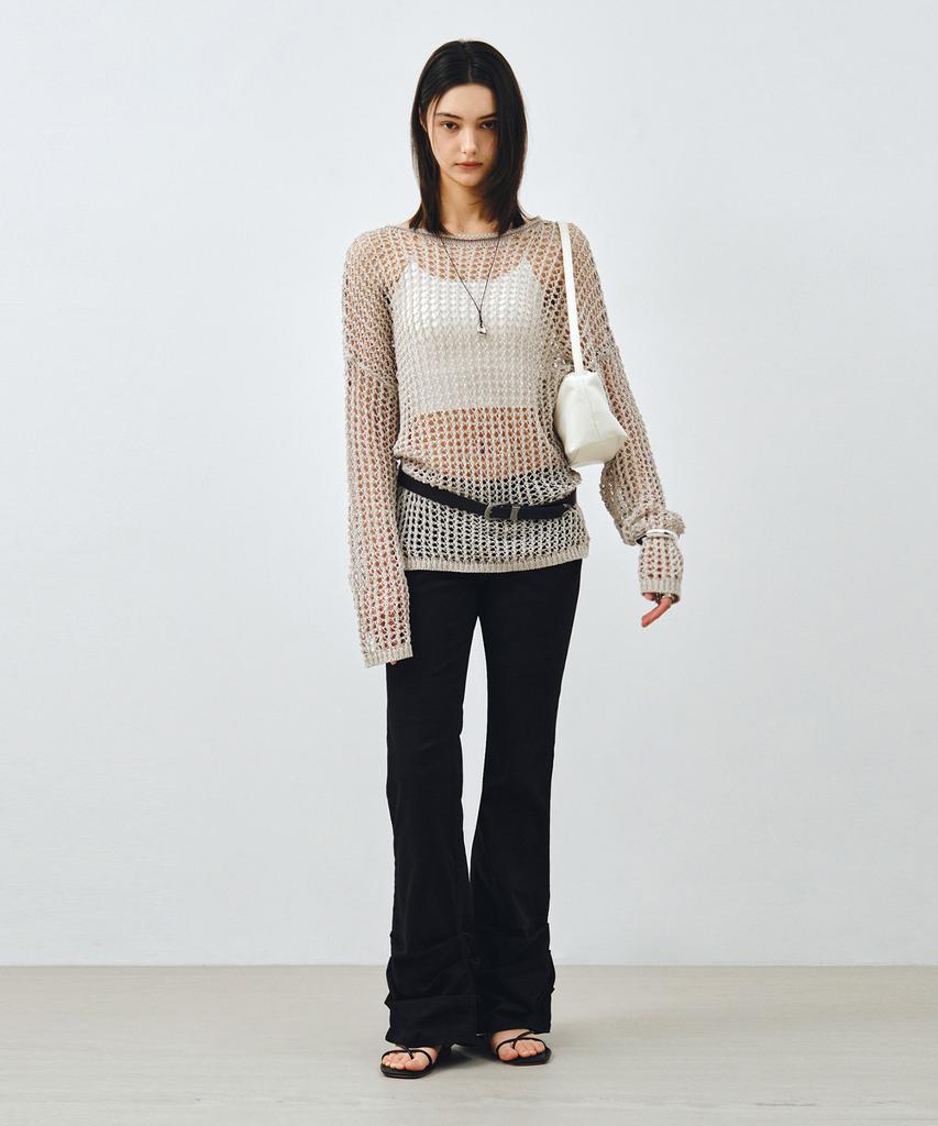 MONGDOL Paper Net See-Through Knit Top Gray Mdkt126Gray