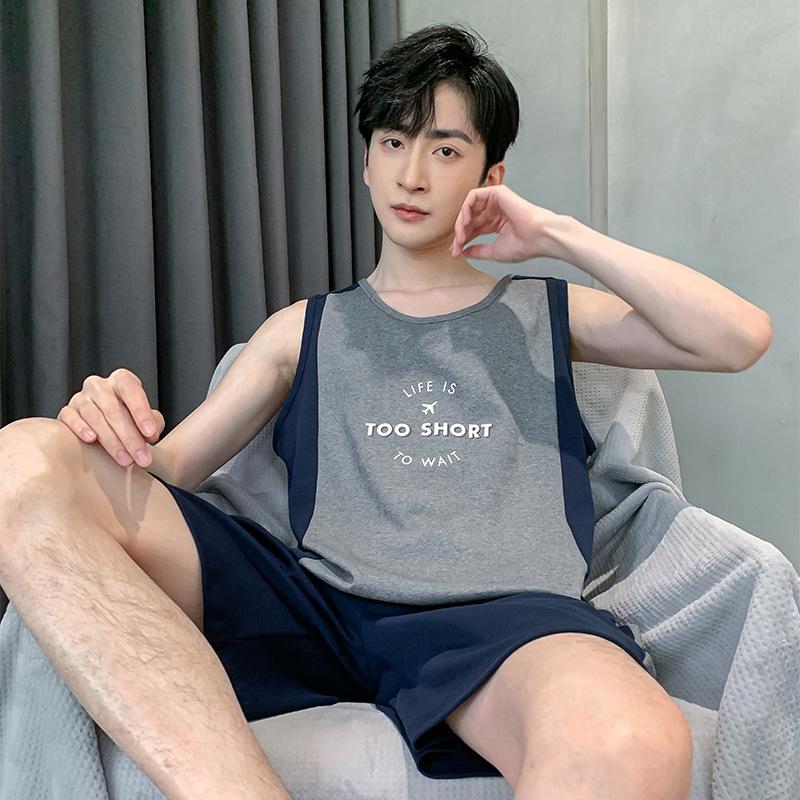 Men's Summer Thin Section Homewear Suit Teen Round Neck Sleeveless Top + Shorts Two-piece Set