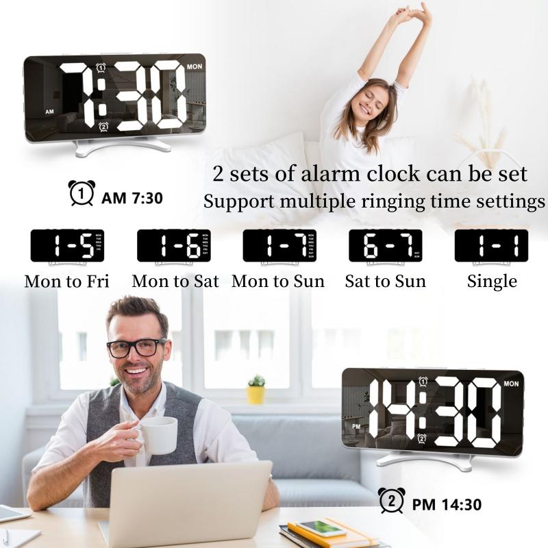USB Powered Mirror Digital Alarm Clock Week 2 Louder Alarms Night Mode Snooze Table Clock 12/24H USB Output Port LED Wall Clock