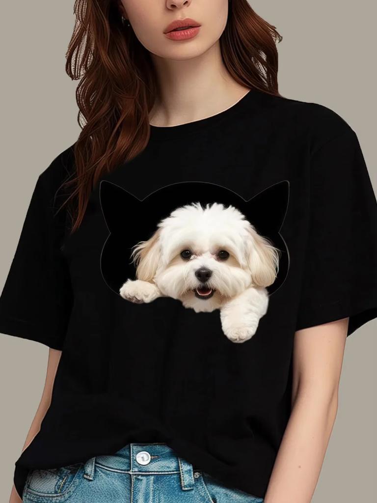 2026 New Dog Print Fun Cheerful Short Sleeve Round Neck Tshirt Great For Sporty Looks Outdoor Activi