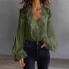 Women Shirt V-Neck Pleated Puff Long Sleeve Summer Shirt Embroidery Lace Splicing Loose Fit Shirt Tops Parties Travel Wear