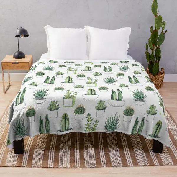 Cactus Flannel Throw Blanket Green Plant Leaves Pattern King Queen Size Super Soft Lightweight Warm for Living Room Sofa Couch