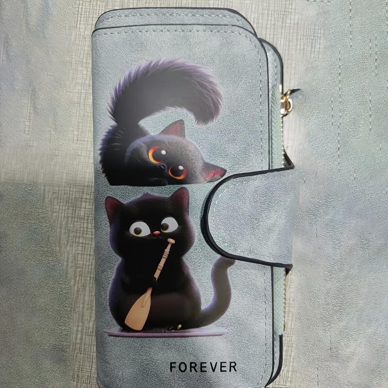 Damen Langbörse Schwarze Katze Design 3-Falt Kartenhalter mit mehreren Fächern Reißverschluss für Bargeld Ausweis Kreditkarten Geschenke für Familie Freunde