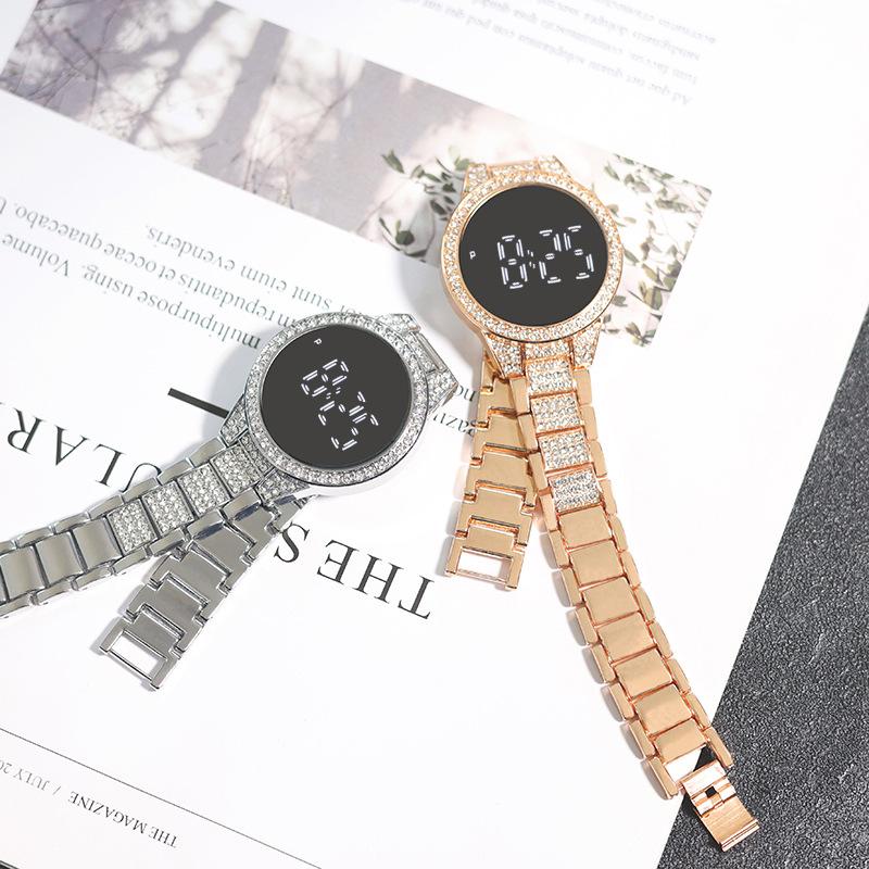 Touch Screen LED Digital Women Watch Rhinestone Ladies Stainless Steel Wristwatches Quartz Watches