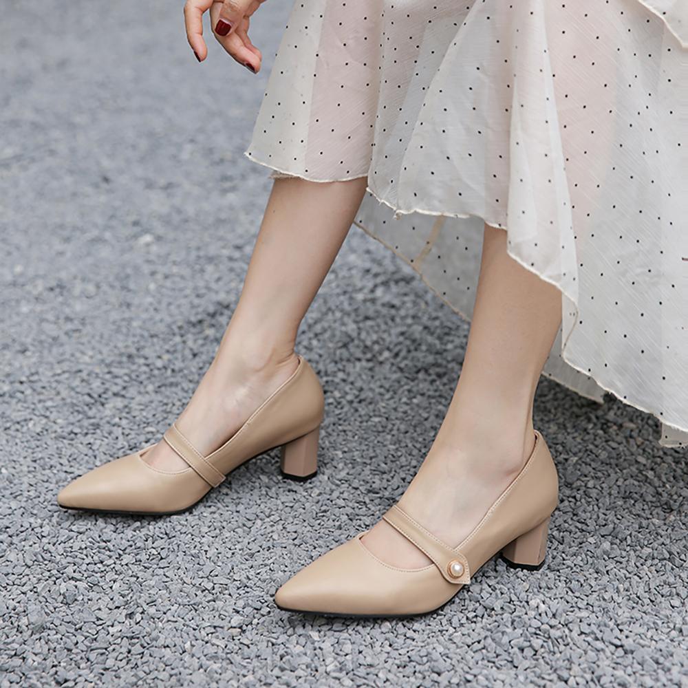 Beige Women Pumps Pointed Toe Med Heels Office Shoes Small Big Plus Size 30 48