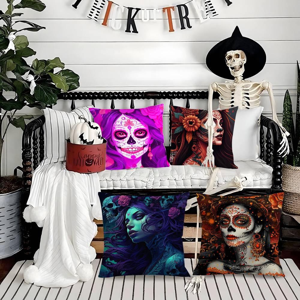 Halloween Sugar Skull Girl Pillow Case Short Plush Double-Sided Print Square Throw Pillow Covers Sofa Home Cushion Decor
