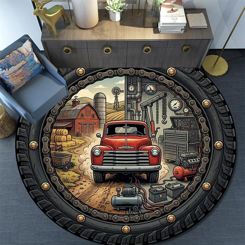 Vintage Truck Repair Workshop Round Area Rug Under Office Chairs Bedroom Living Room Home Decor
