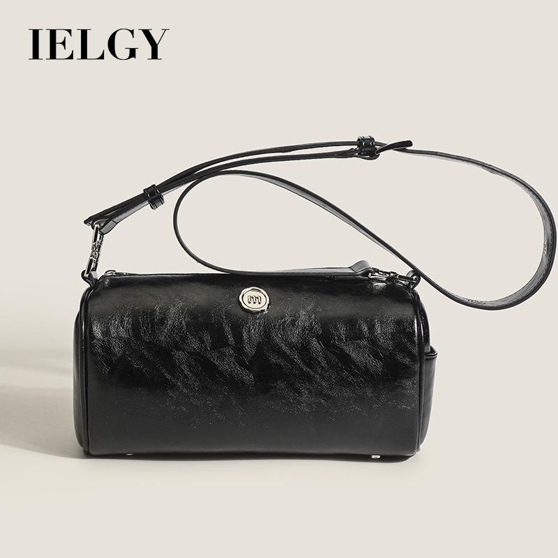 IELGY simple oil wax leather solid color cylindrical women's bag, versatile soft surface small round bag, shoulder messenger bag