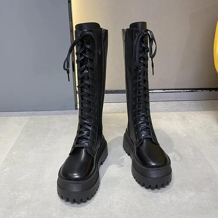 Mode 2024 Nieuwe Verdikte Winter Ridderlaarzen Dames Knielange Lange Vierkante Hak Laarzen Retro Dikke Motorlaarzen Zwart Wit Botas Mujer