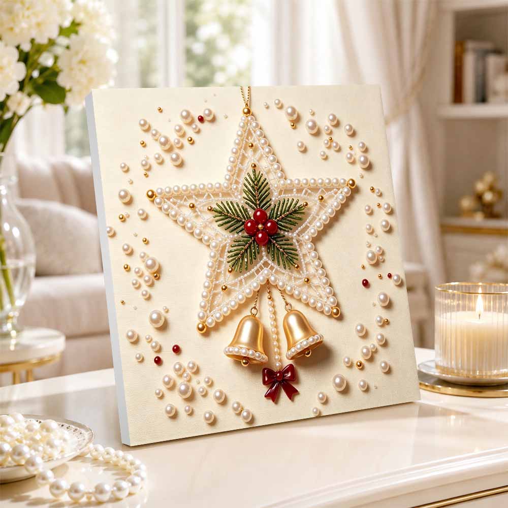 Pearl Painting Christmas Star with Bells Art Kit DIY Handmade Holiday Home Decor Wall Hanging Craft.