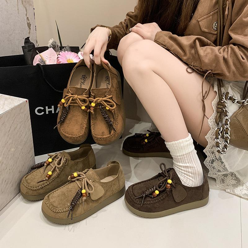 Fashion Retro Women Nubuck Leather Casual Flat Shoes Leather Single Shoe Ladies Walking Chaussure Femme Women's Loafers Zapatos De Mujer