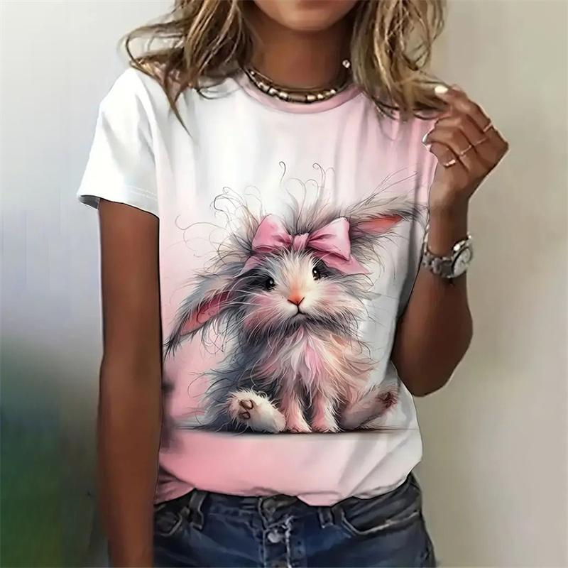 T-shirts d'été à col rond avec impression 3D d'animaux mignons, à la mode et décontractés, à manches courtes pour femmes