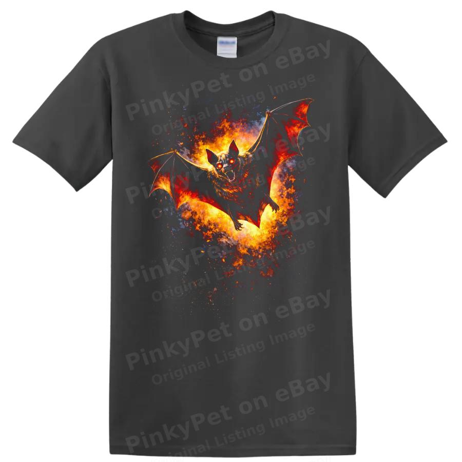 Fiery Bat Flying Animal Art T Shirt Graphic Tee for Halloween Lovers
