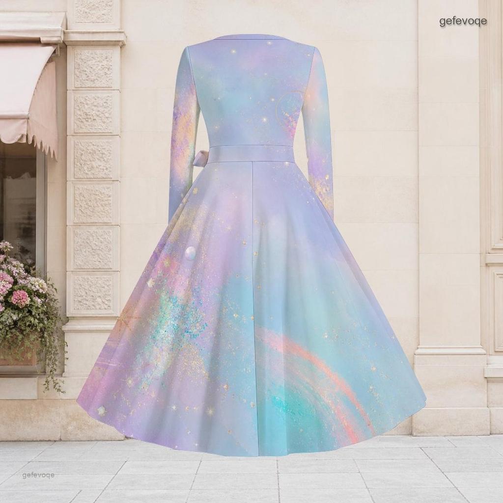 Women Plus Size V Neck Long Sleeve Rainbow Star Printed Tie Waist A Line Dress