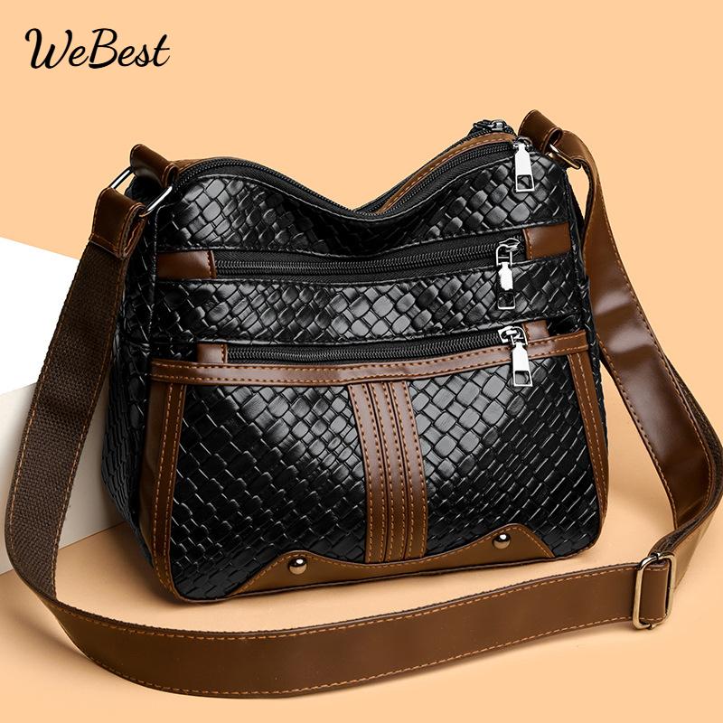 Soft Leather Multi Compartment Woven Shoulder Crossbody Bag
