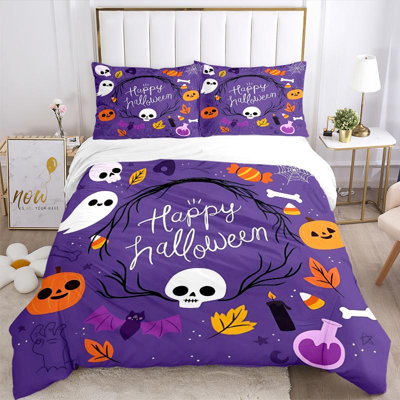 3 stuks Happy Halloween Schattig Pompoen Geest Schedel Patroon Beddengoed Drie-delige Set (1 Dekbedovertrek + 2 Kussenslopen, Zonder Vulling), Dit Beddengoed met Print S