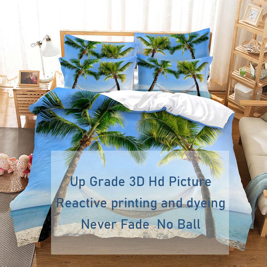 3D HD Seaside Coconut Tree Bedding Set Queen Duvet Cover Pillowcase Bed Linen USA King Twin Full Double Single