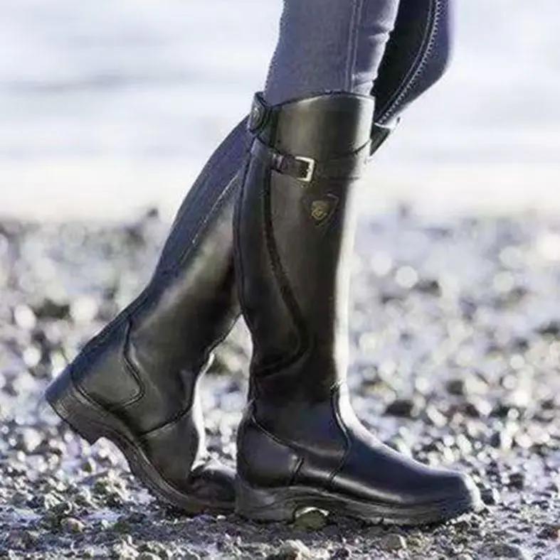 Mode Dames Herfst Winter Knielange Laarzen Vrouwelijk Geplooid Gesp Leren Laarzen Rits Platte Lange Laarzen Plus Size 35-43 Botas De Mujer