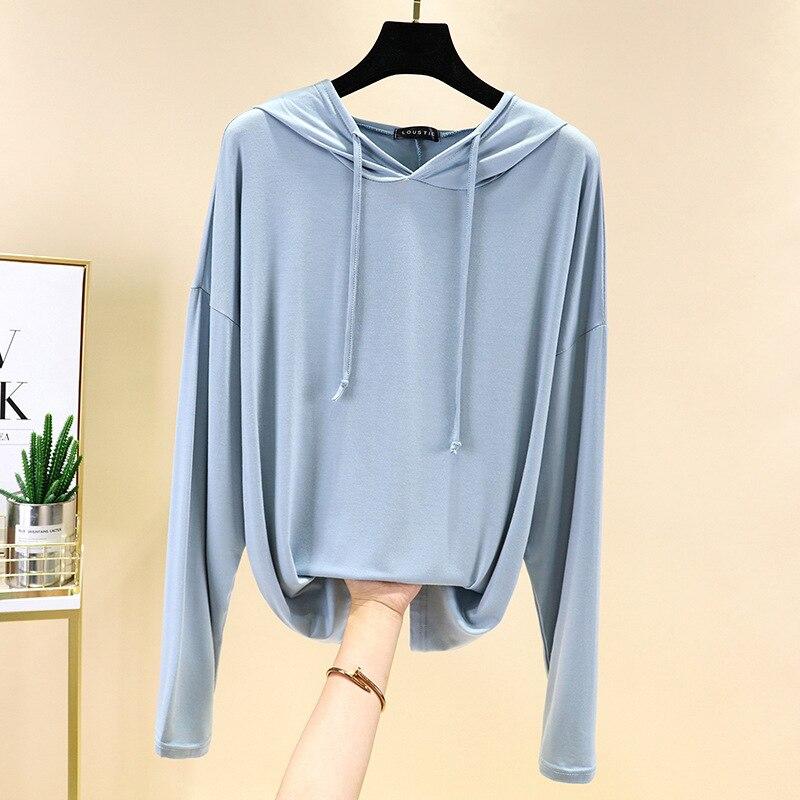 Women's Spring and Fall Thin Section Long-sleeved T-shirt Large Size Hooded Loose Bottoming Shirt