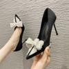Autumn New Black Bow Stiletto High Heels Bow Rhinestone Middle Heel Pearl Flower