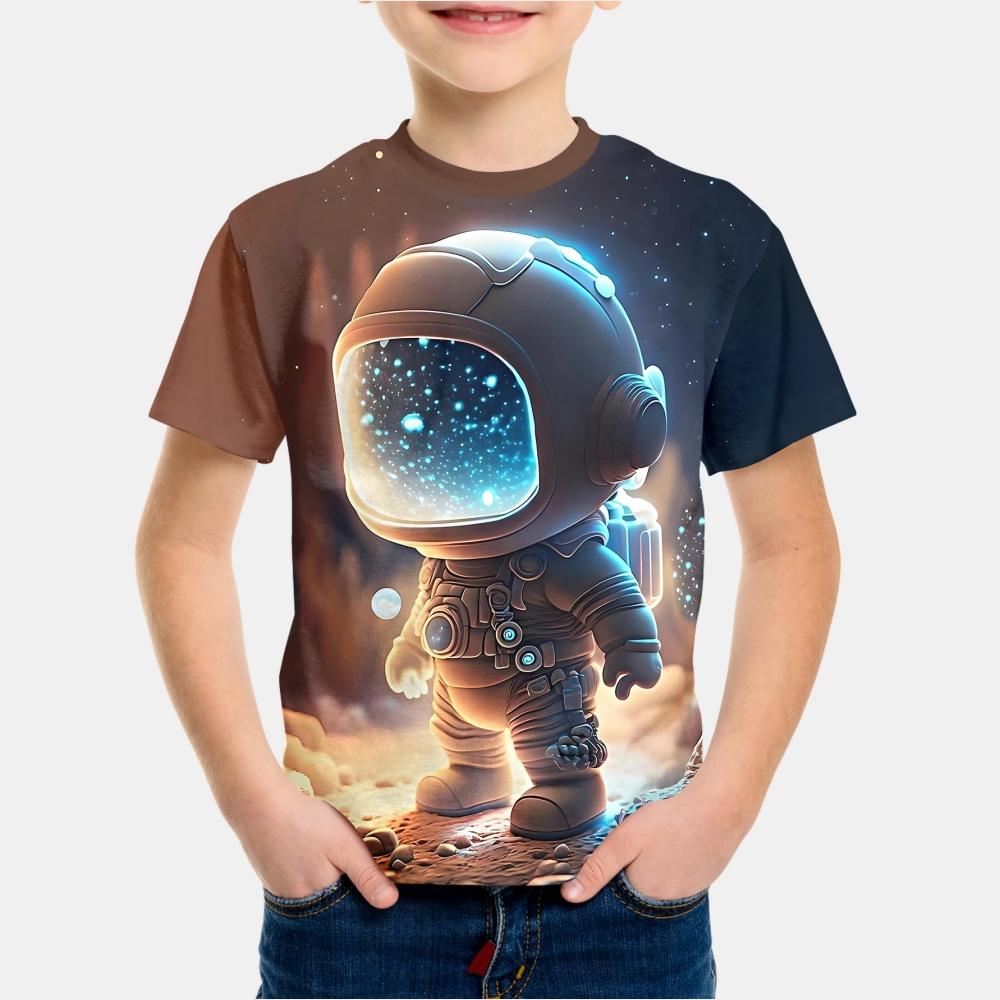 Summer Cartoon Astronaut Round Neck 3D Print Short Sleeve Graphic T Shirts Fun Children's Clothing T-Shirt for a Boy