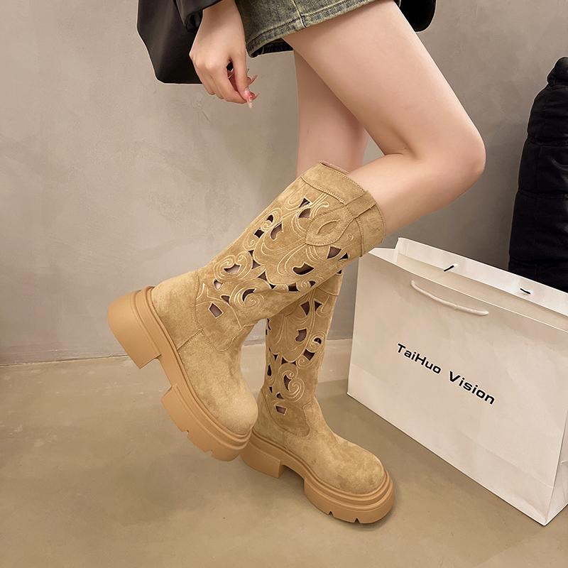 Fashion 2024 Autumn New Hollow Women's Boots Knee High Heels Women's Fashionable and Comfortable Long Fashion Boots Platform Shoes