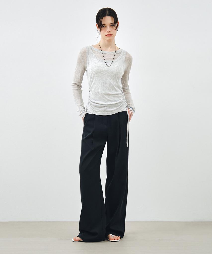 MONGDOL [Set] Side Shirred Layered T-Shirt Light Grey Mdts067Lgray